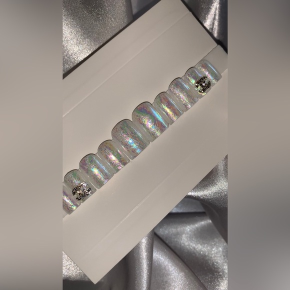 Milky White Iridescent Extra Short Square Nails with Bling Charms - Picture 8 of 8